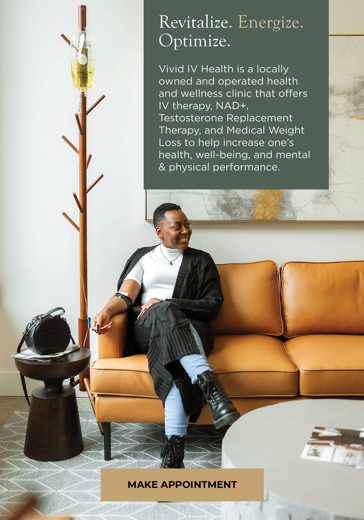 Vivid IV Health is a locally owned and operated health and wellness clinic that offers IV therapy, NAD+, Testosterone Replacement Therapy, and Medical Weight Loss to help increase one’s health, well-being, and mental & physical performance.